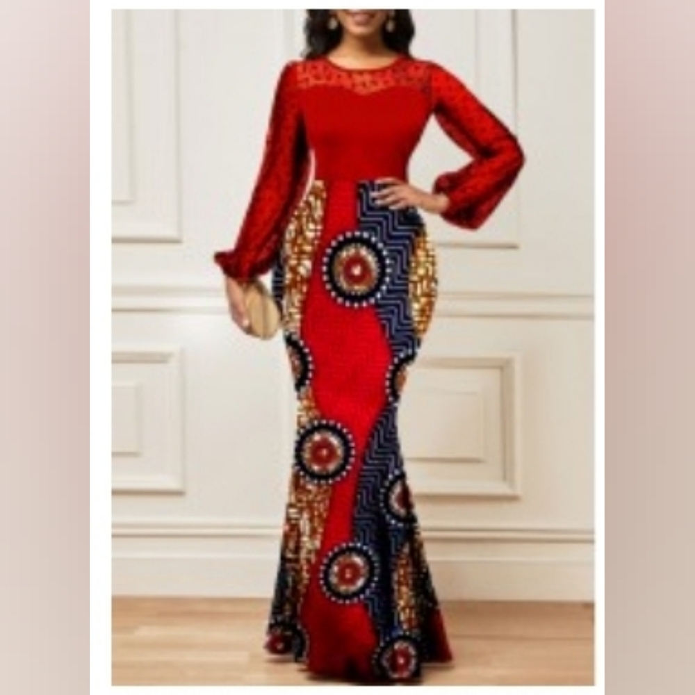 Red and Blue Long Sleeve Sheath Dress with Bishop Sleeves